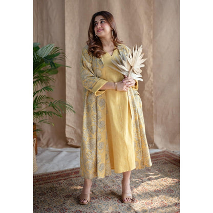 The Indian Ethnic Co. Rasia Yellow A-Line Dabu Slub Cotton Jacket