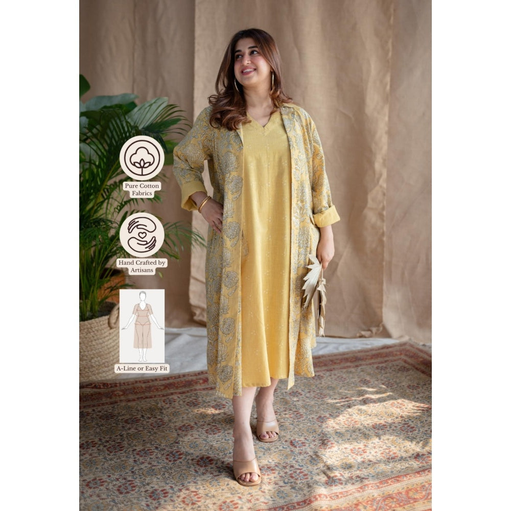 The Indian Ethnic Co. Rasia Yellow A-Line Dabu Slub Cotton Jacket