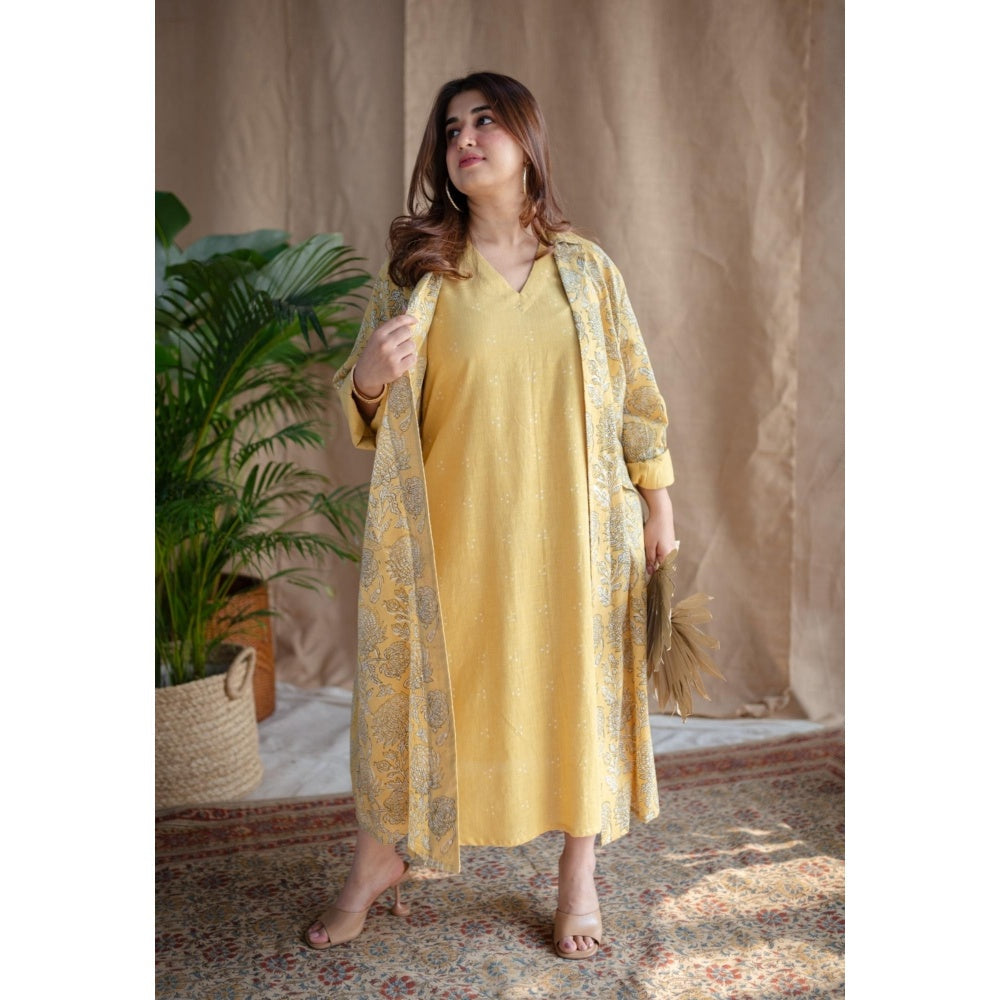 The Indian Ethnic Co. Rasia Yellow A-Line Dabu Slub Cotton Jacket