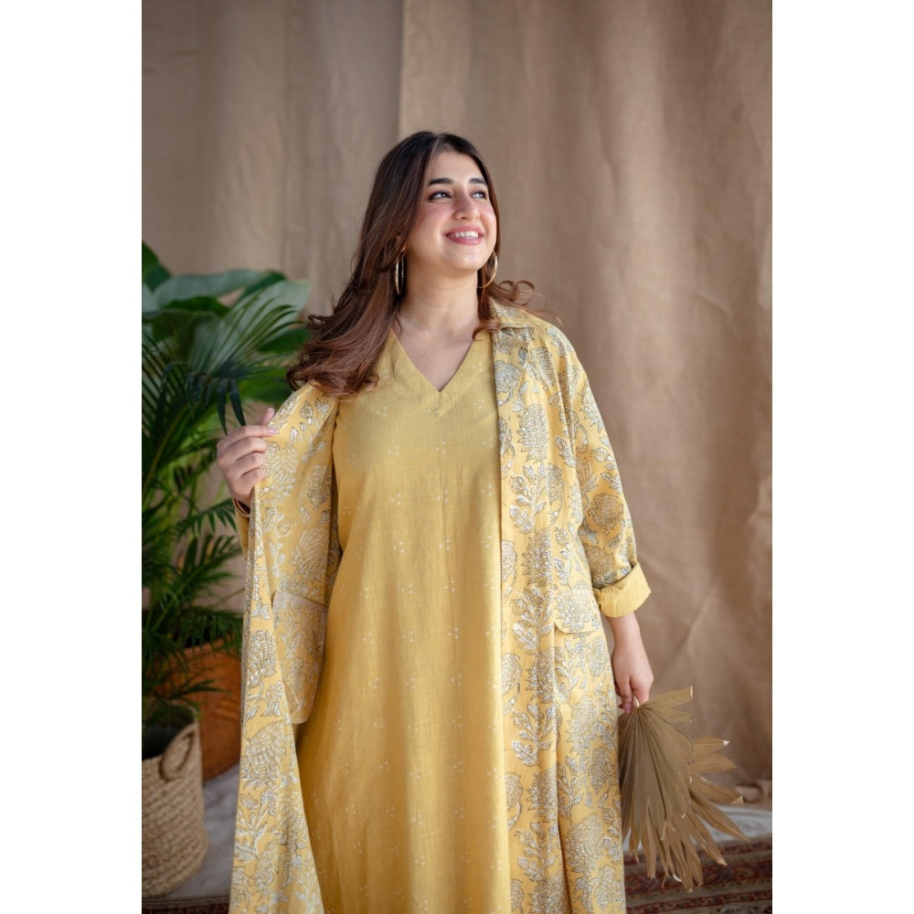 The Indian Ethnic Co. Rasia Yellow A-Line Dabu Slub Cotton Jacket