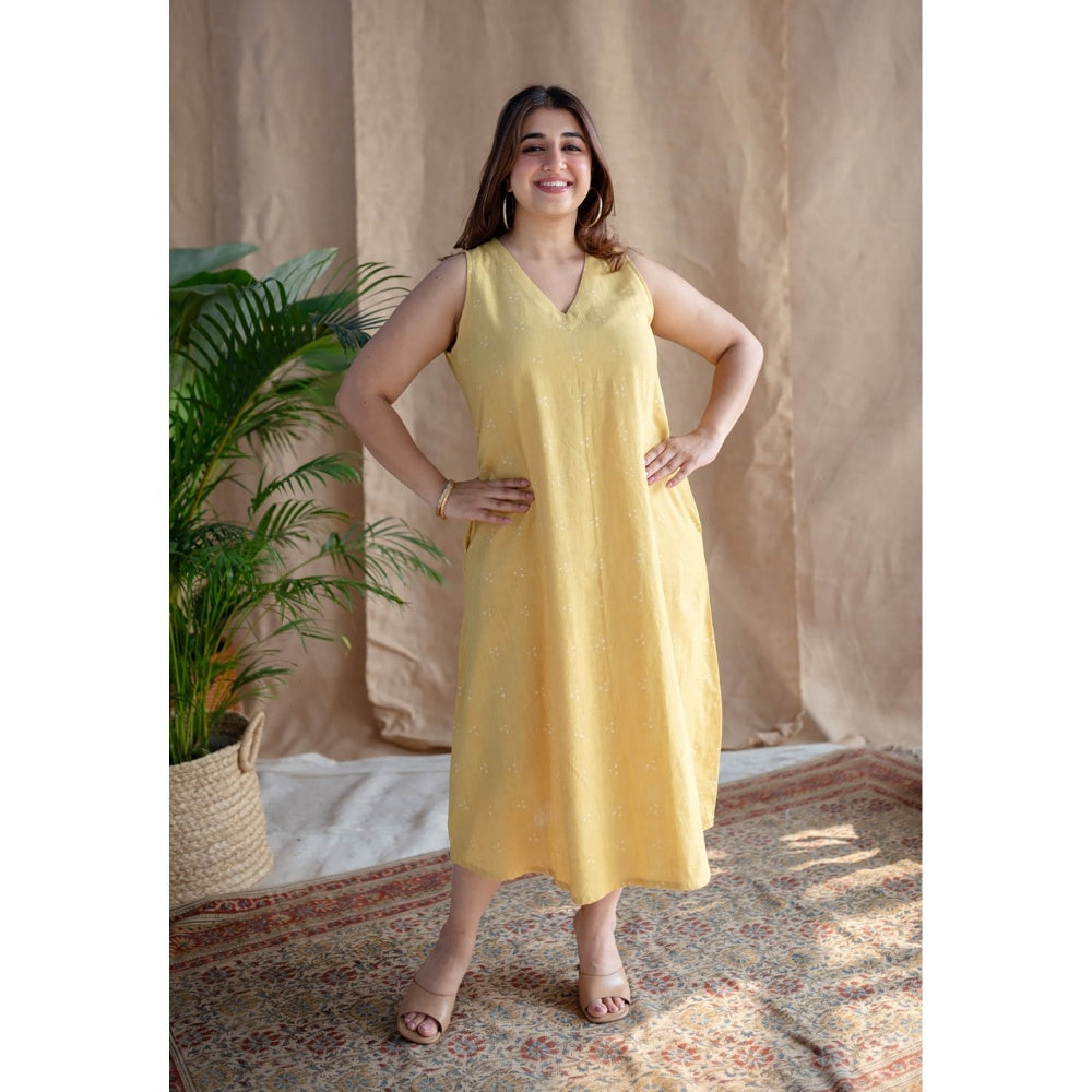The Indian Ethnic Co. Yellow A-Line Dabu Slub Cotton Dress Printed V Neck With Sleeveless