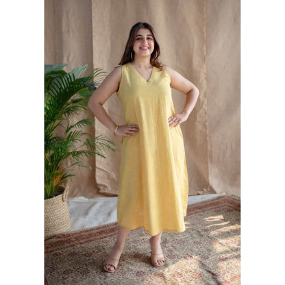 The Indian Ethnic Co. Yellow A-Line Dabu Slub Cotton Dress Printed V Neck With Sleeveless