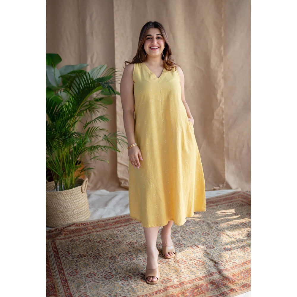 The Indian Ethnic Co. Yellow A-Line Dabu Slub Cotton Dress Printed V Neck With Sleeveless
