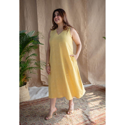 The Indian Ethnic Co. Yellow A-Line Dabu Slub Cotton Dress Printed V Neck With Sleeveless