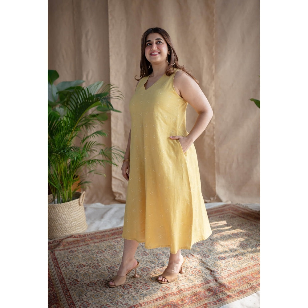 The Indian Ethnic Co. Yellow A-Line Dabu Slub Cotton Dress Printed V Neck With Sleeveless