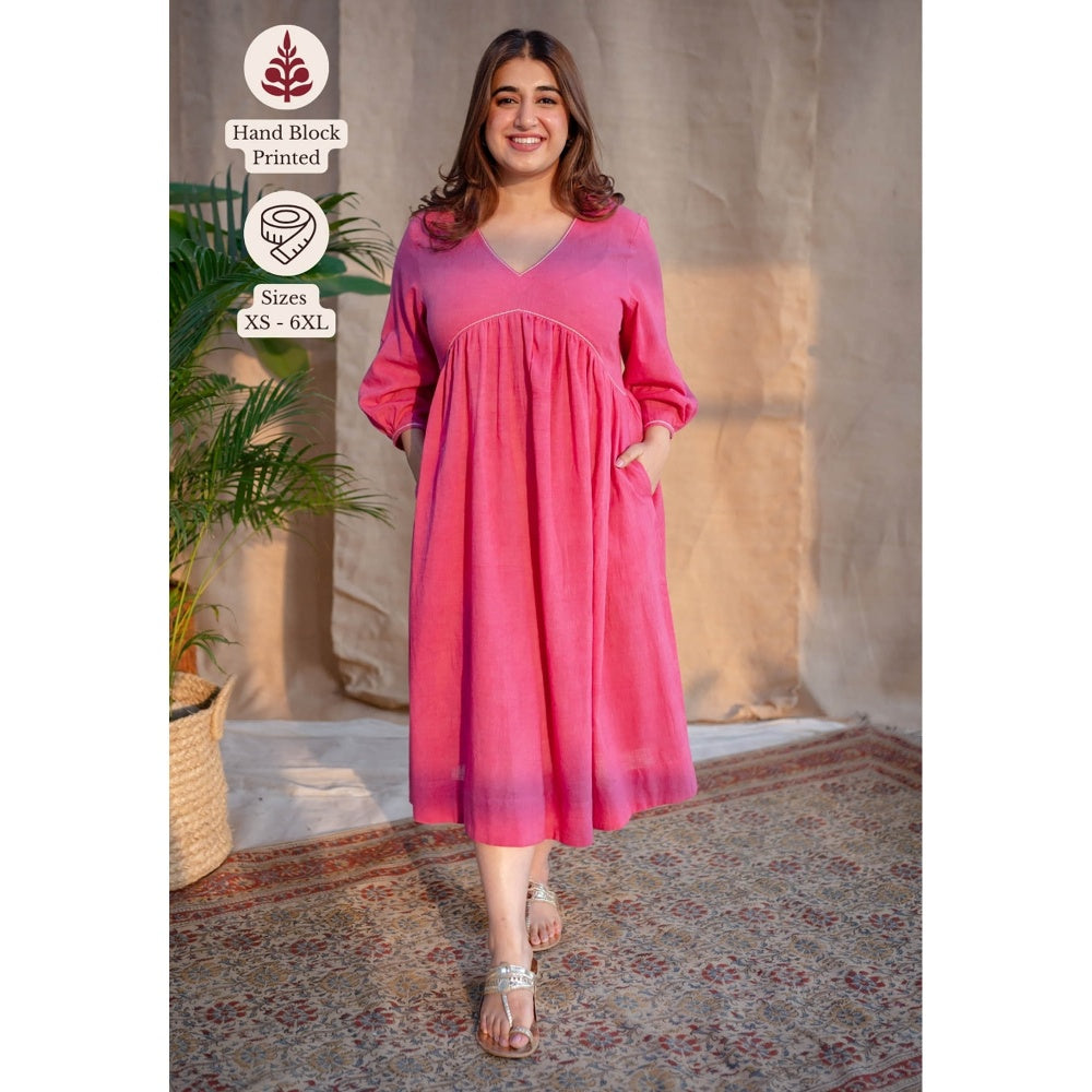 The Indian Ethnic Co. Pink A-Line Dabu Slub Cotton Dress V Neck With Embroidered