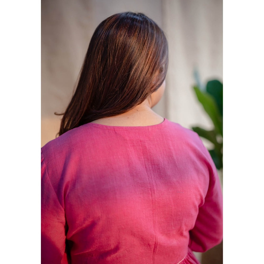 The Indian Ethnic Co. Pink A-Line Dabu Slub Cotton Dress V Neck With Embroidered