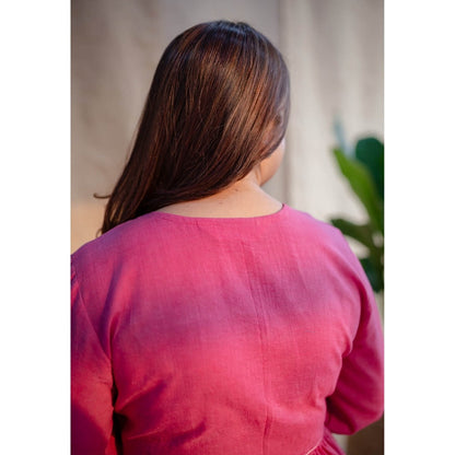 The Indian Ethnic Co. Pink A-Line Dabu Slub Cotton Dress V Neck With Embroidered