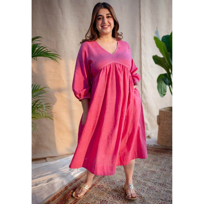 The Indian Ethnic Co. Pink A-Line Dabu Slub Cotton Dress V Neck With Embroidered