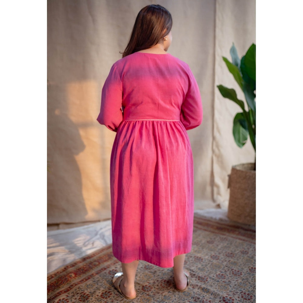 The Indian Ethnic Co. Pink A-Line Dabu Slub Cotton Dress V Neck With Embroidered