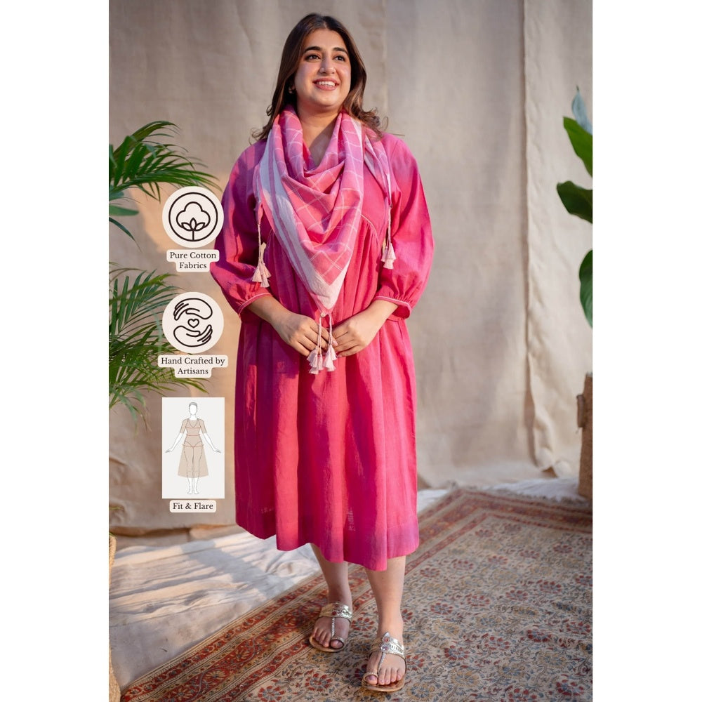 The Indian Ethnic Co. Pink A-Line Dabu Slub Cotton Dress V Neck With Embroidered
