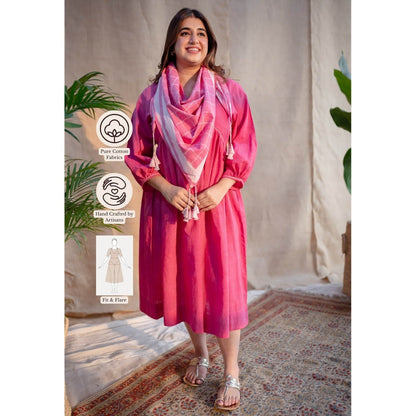 The Indian Ethnic Co. Pink A-Line Dabu Slub Cotton Dress V Neck With Embroidered