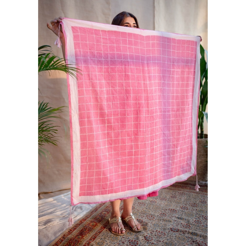 The Indian Ethnic Co. Pink A-Line Dabu Slub Cotton Dress V Neck With Embroidered