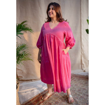 The Indian Ethnic Co. Pink A-Line Dabu Slub Cotton Dress V Neck With Embroidered