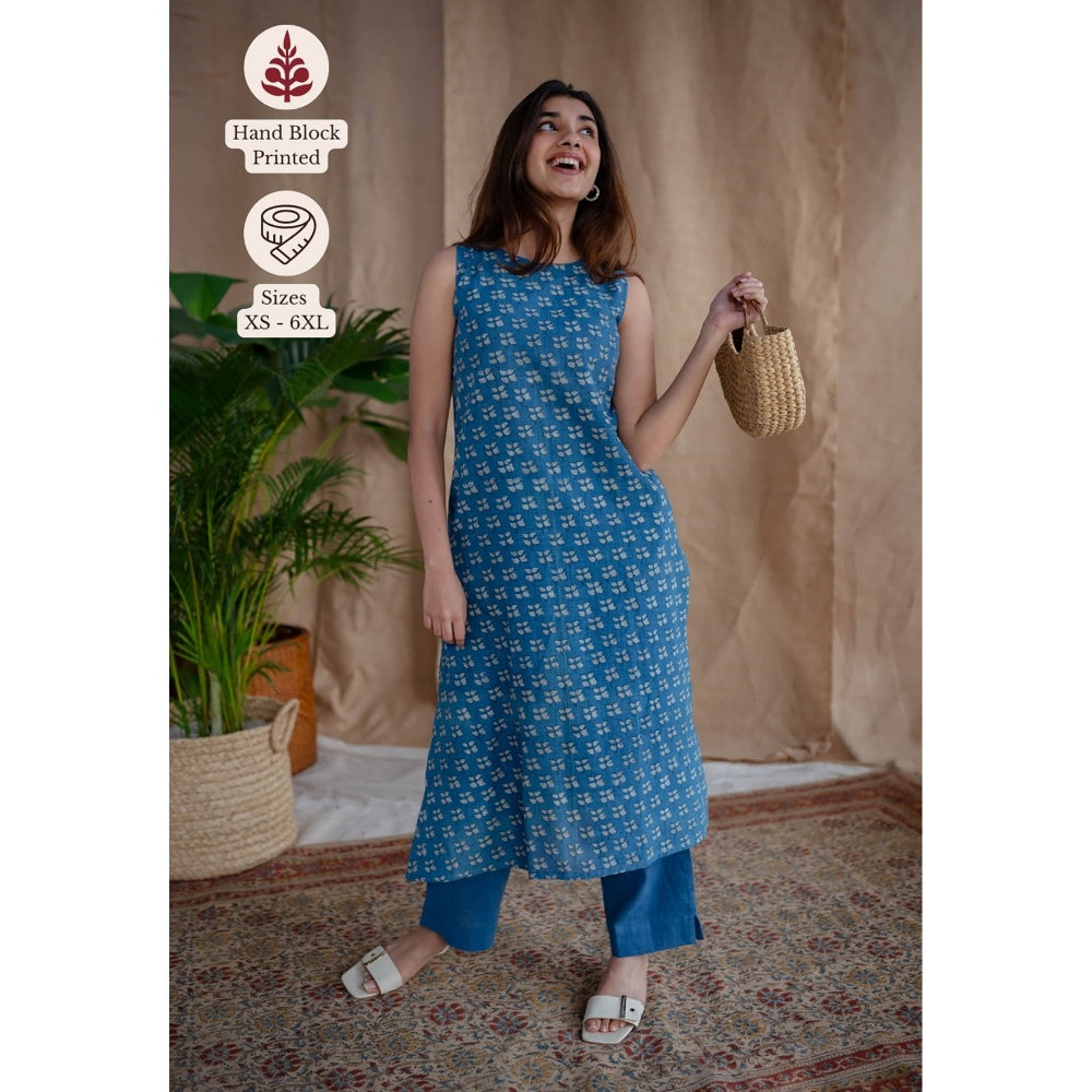 The Indian Ethnic Co. Blue Straight Dabu Slub Cotton Kurta Printed Boat Neck With Sleeveless