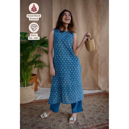 The Indian Ethnic Co. Blue Straight Dabu Slub Cotton Kurta Printed Boat Neck With Sleeveless