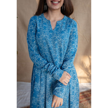 The Indian Ethnic Co. Blue A-Line Dabu Slub Cotton Printed V Neck Kurta