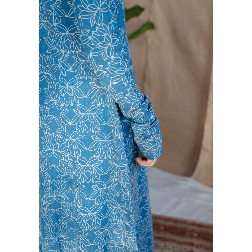 The Indian Ethnic Co. Blue A-Line Dabu Slub Cotton Printed V Neck Kurta