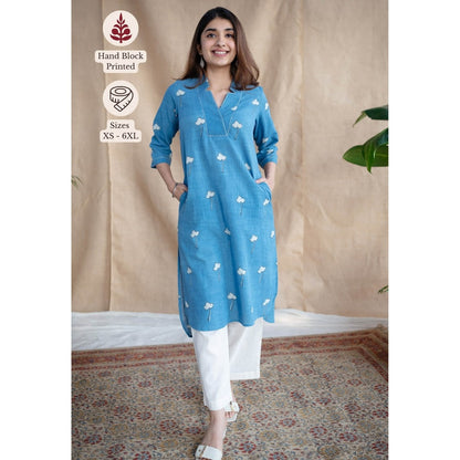 The Indian Ethnic Co. Blue Straight Dabu Slub Cotton Kurta Printed V Neck With Embroidered