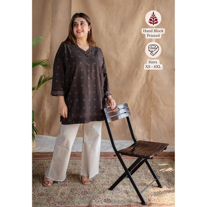 The Indian Ethnic Co. Brown Straight Dabu Slub Cotton Short Kurti Printed Kurti