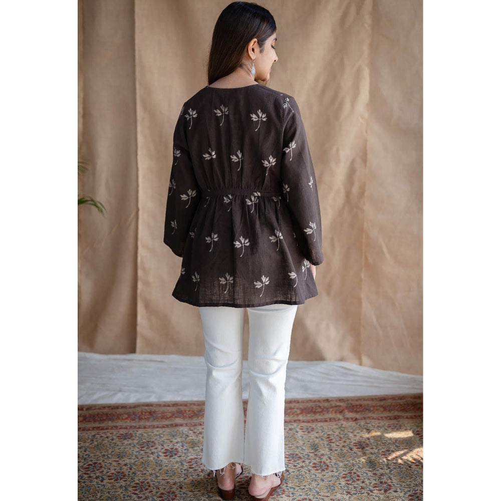 The Indian Ethnic Co. Brown A-Line Dabu Slub Cotton Short Top Printed V Neck With Full Sleeves