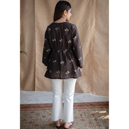 The Indian Ethnic Co. Brown A-Line Dabu Slub Cotton Short Top Printed V Neck With Full Sleeves
