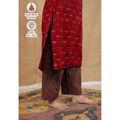 The Indian Ethnic Co. Red Straight Ajrakh Stripes Cotton Palazzo