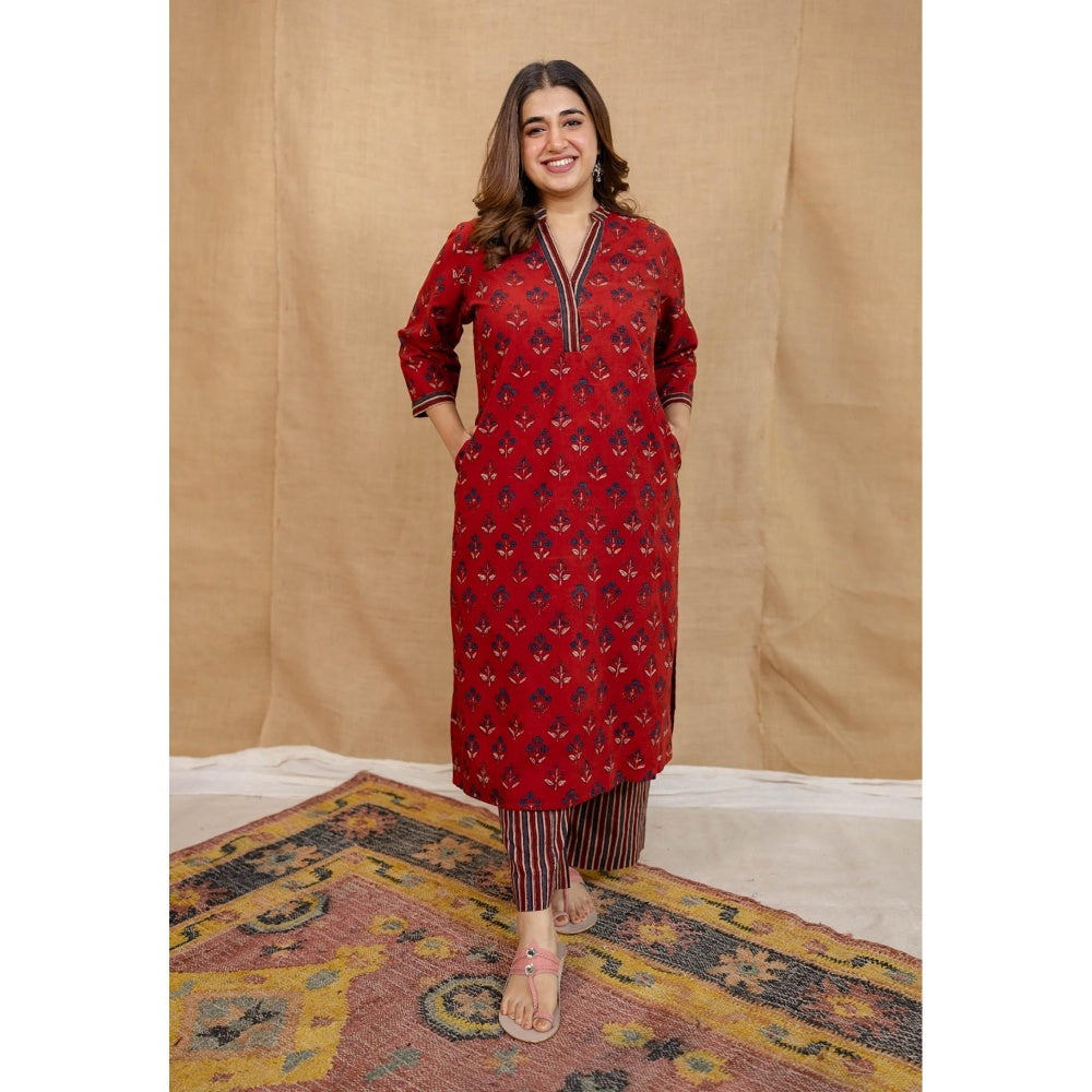 The Indian Ethnic Co. Red Straight Ajrakh Stripes Cotton Palazzo