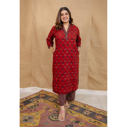 The Indian Ethnic Co. Red Straight Ajrakh Stripes Cotton Palazzo