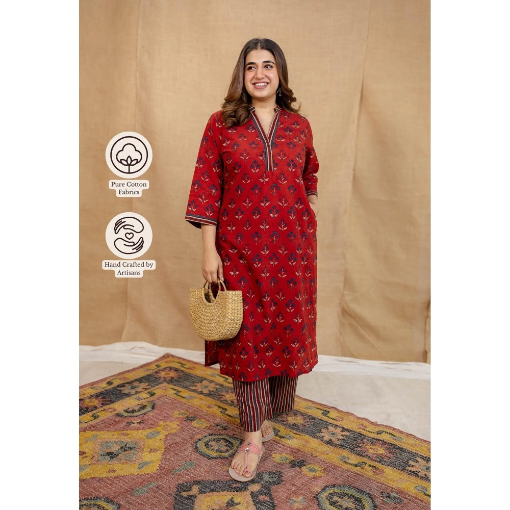 The Indian Ethnic Co. Red Straight Ajrakh Stripes Cotton Palazzo