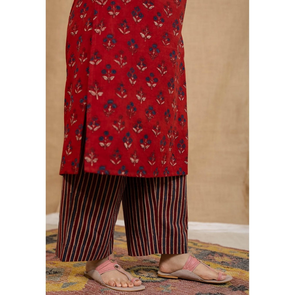 The Indian Ethnic Co. Red Straight Ajrakh Stripes Cotton Palazzo