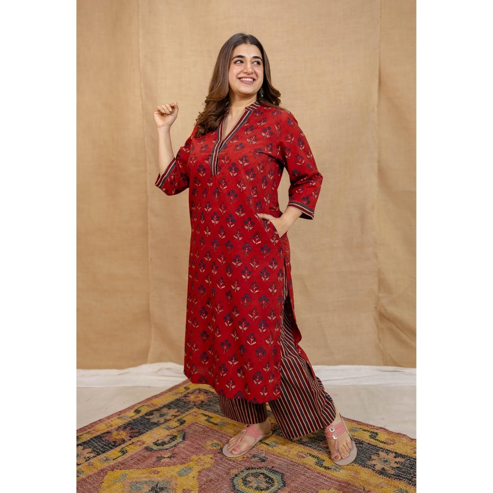 The Indian Ethnic Co. Red Straight Ajrakh Stripes Cotton Palazzo