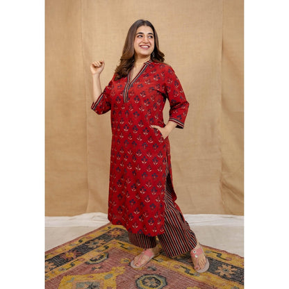 The Indian Ethnic Co. Red Straight Ajrakh Stripes Cotton Palazzo