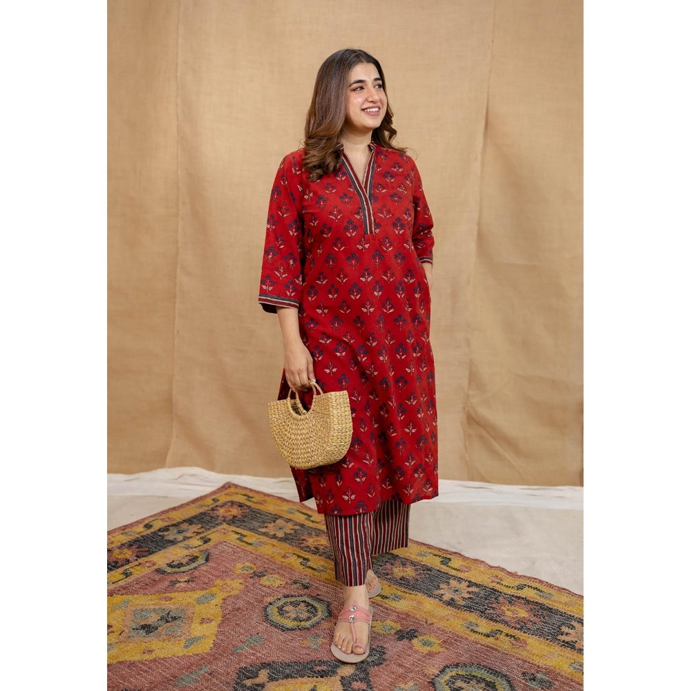 The Indian Ethnic Co. Red Straight Ajrakh Stripes Cotton Palazzo