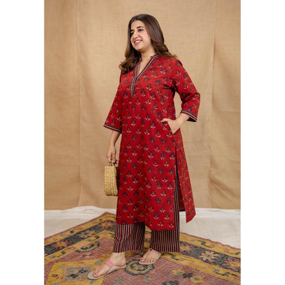 The Indian Ethnic Co. Red Straight Ajrakh Stripes Cotton Palazzo