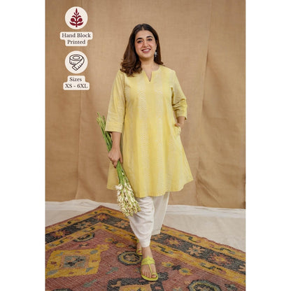 The Indian Ethnic Co. Yellow A-Line Batik Cotton Hand Block Printed Kurta