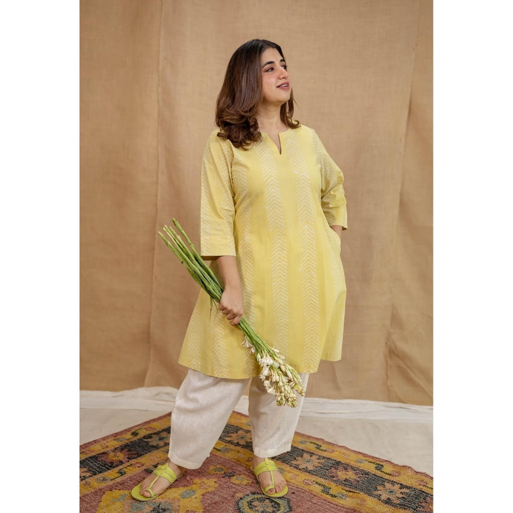 The Indian Ethnic Co. Yellow A-Line Batik Cotton Hand Block Printed Kurta