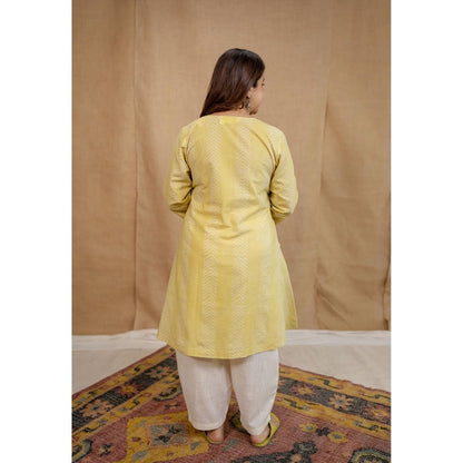 The Indian Ethnic Co. Yellow A-Line Batik Cotton Hand Block Printed Kurta