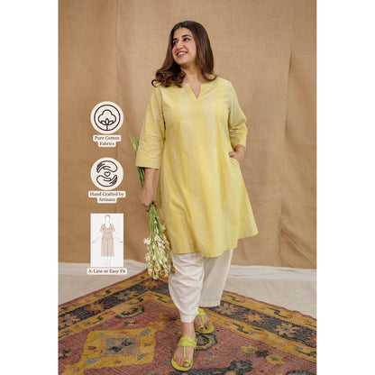 The Indian Ethnic Co. Yellow A-Line Batik Cotton Hand Block Printed Kurta