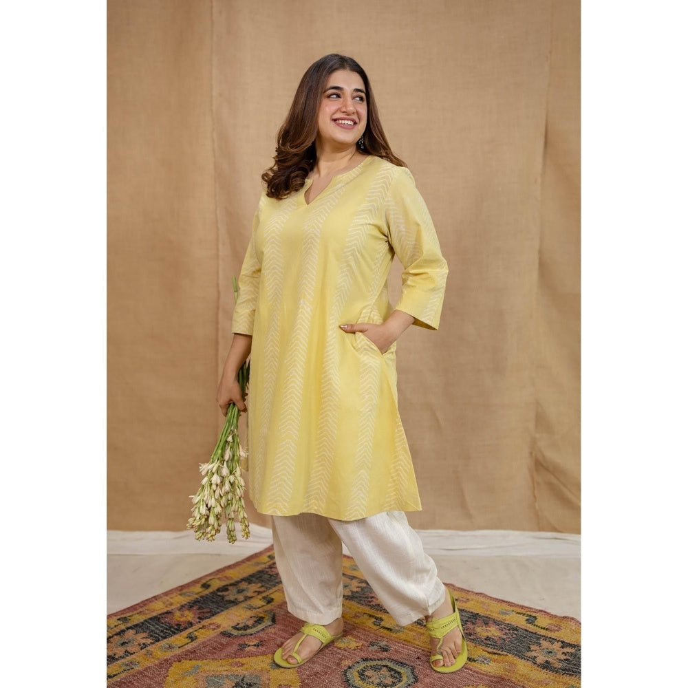 The Indian Ethnic Co. Yellow A-Line Batik Cotton Hand Block Printed Kurta