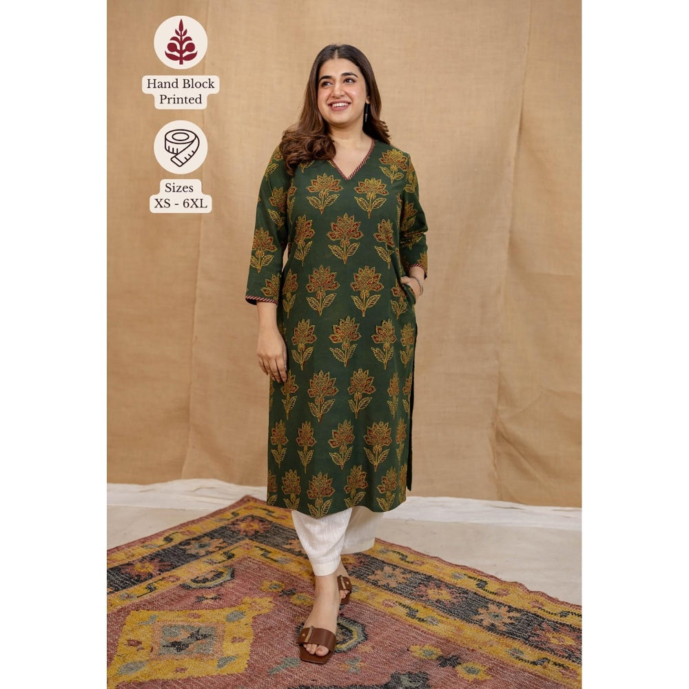 The Indian Ethnic Co. Green Straight Ajrakh Cotton Hand Block Printed Kurta