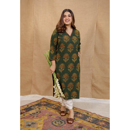 The Indian Ethnic Co. Green Straight Ajrakh Cotton Hand Block Printed Kurta