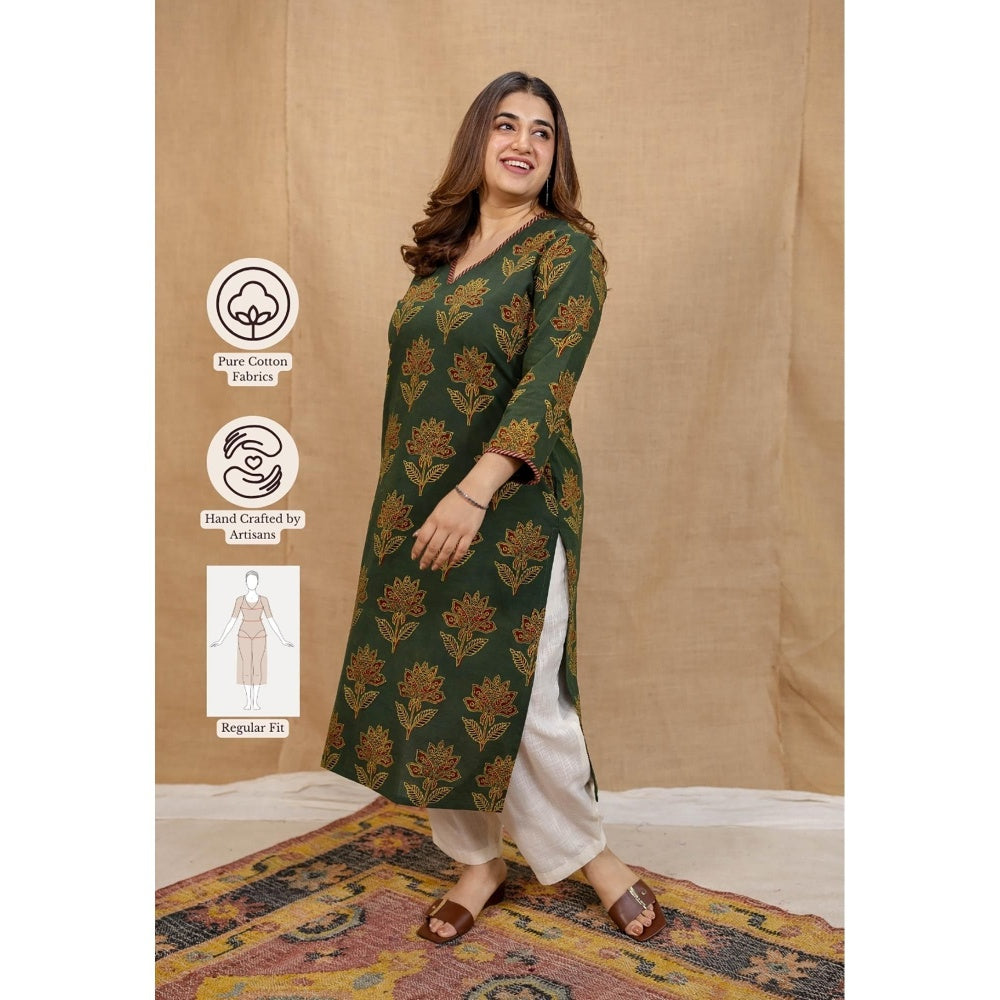 The Indian Ethnic Co. Green Straight Ajrakh Cotton Hand Block Printed Kurta