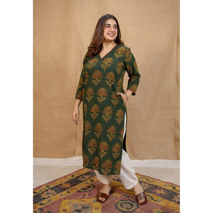 The Indian Ethnic Co. Green Straight Ajrakh Cotton Hand Block Printed Kurta