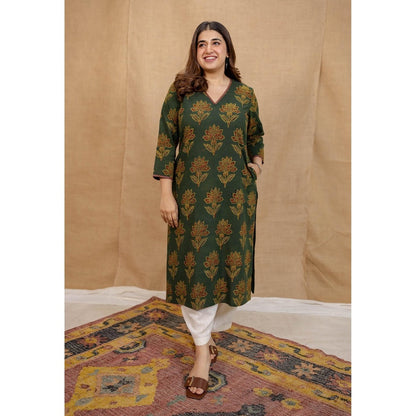 The Indian Ethnic Co. Green Straight Ajrakh Cotton Hand Block Printed Kurta