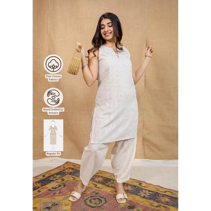The Indian Ethnic Co. Off White Straight Kala Cotton Handwoven Kurta