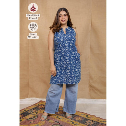 The Indian Ethnic Co. Blue Straight Dabu Cotton Printed Kurta