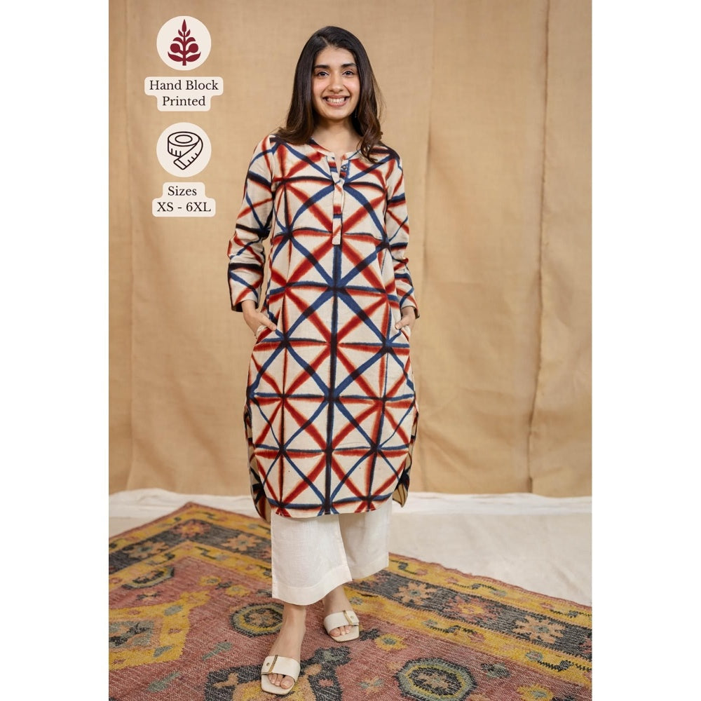 The Indian Ethnic Co. White Straight Clamp Dyed Linen Cotton Hand Block Printed Kurta