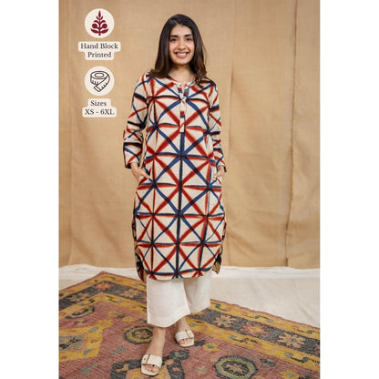 The Indian Ethnic Co. White Straight Clamp Dyed Linen Cotton Hand Block Printed Kurta