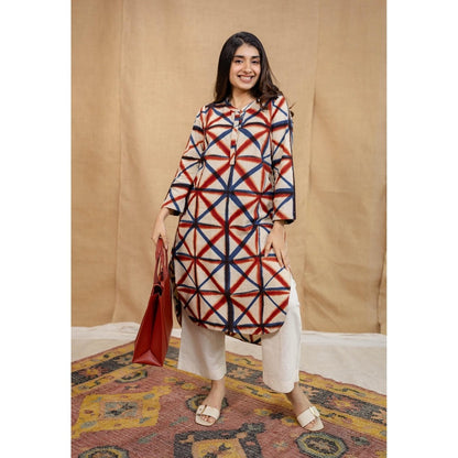 The Indian Ethnic Co. White Straight Clamp Dyed Linen Cotton Hand Block Printed Kurta